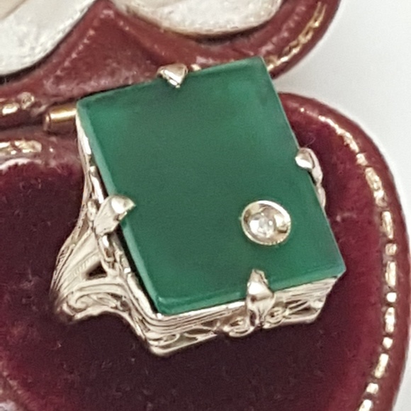 Antique 14k gold diamond chrysoprase filigree ring - Picture 2 of 6